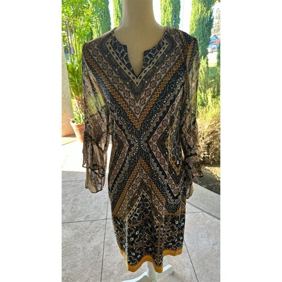 INC graphic paisley print dress ruffled sheer long sleeves women's size 4 - Picture 3 of 7